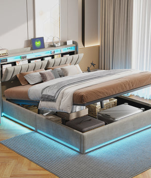 Luxe Gestoffeerd 140x200cm Bed met LED, USB & Hydraulische Opbergruimte