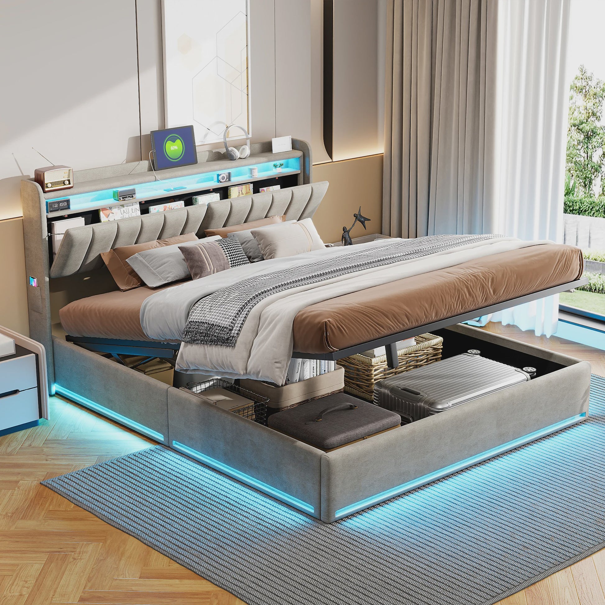 Luxe Gestoffeerd 140x200cm Bed met LED, USB & Hydraulische Opbergruimte