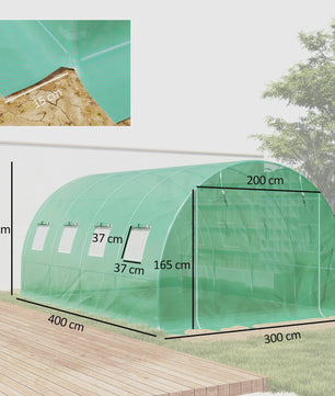 Outsunny Tunnel Kas Huisje 4x3x2m - 12m² UV-bestendig, Waterdicht, 8 Ramen, Roldeur