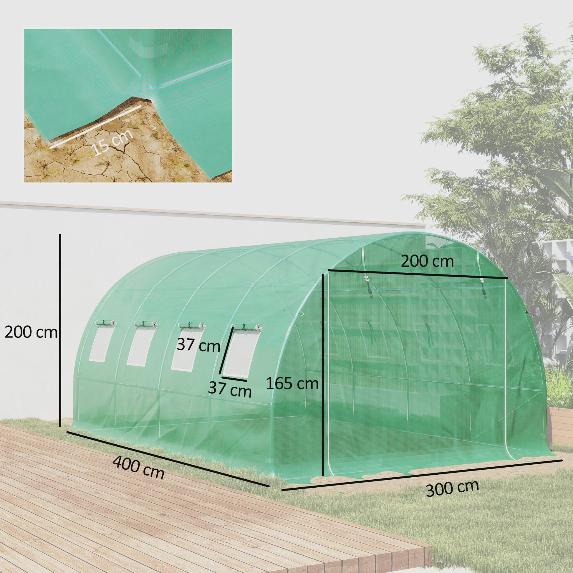 Outsunny Tunnel Kas Huisje 4x3x2m - 12m² UV-bestendig, Waterdicht, 8 Ramen, Roldeur