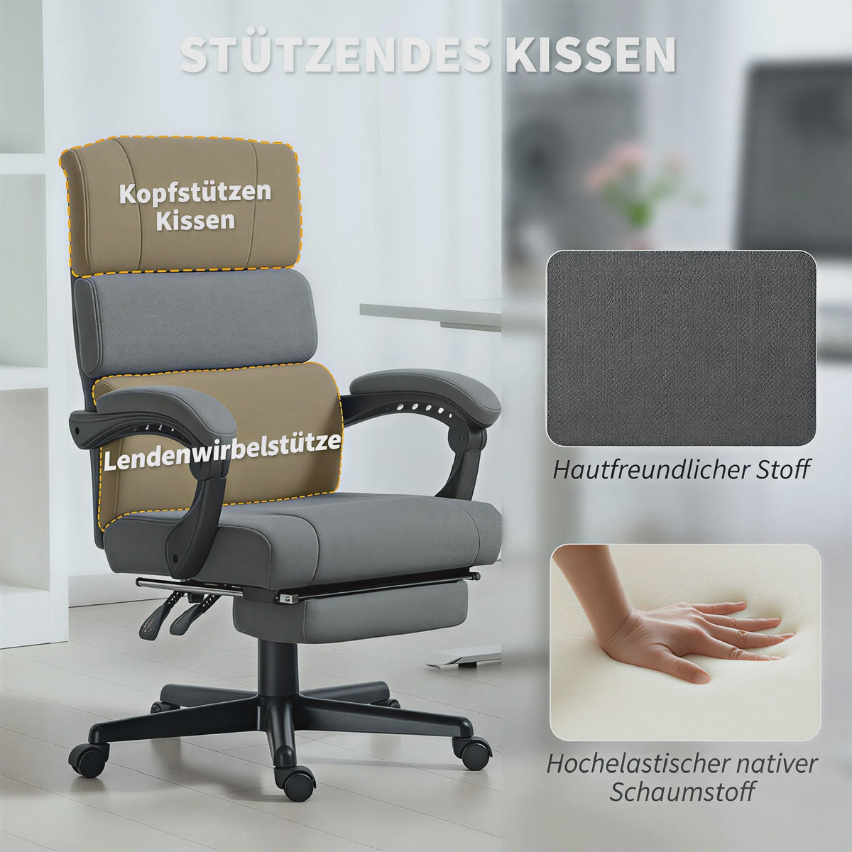 Ergonomische Bureaustoel Donkergrijs met Voetensteun en Armleuningen - In Hoogte Verstelbaar