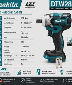 Makita DTW285 18V Accu Slagmoersleutel Borstelloos 330 Nm + 6.0Ah Batterij