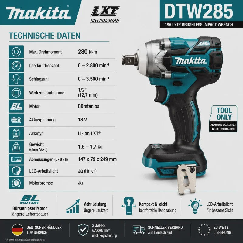 Makita DTW285 18V Accu Slagmoersleutel Borstelloos 330 Nm + 6.0Ah Batterij