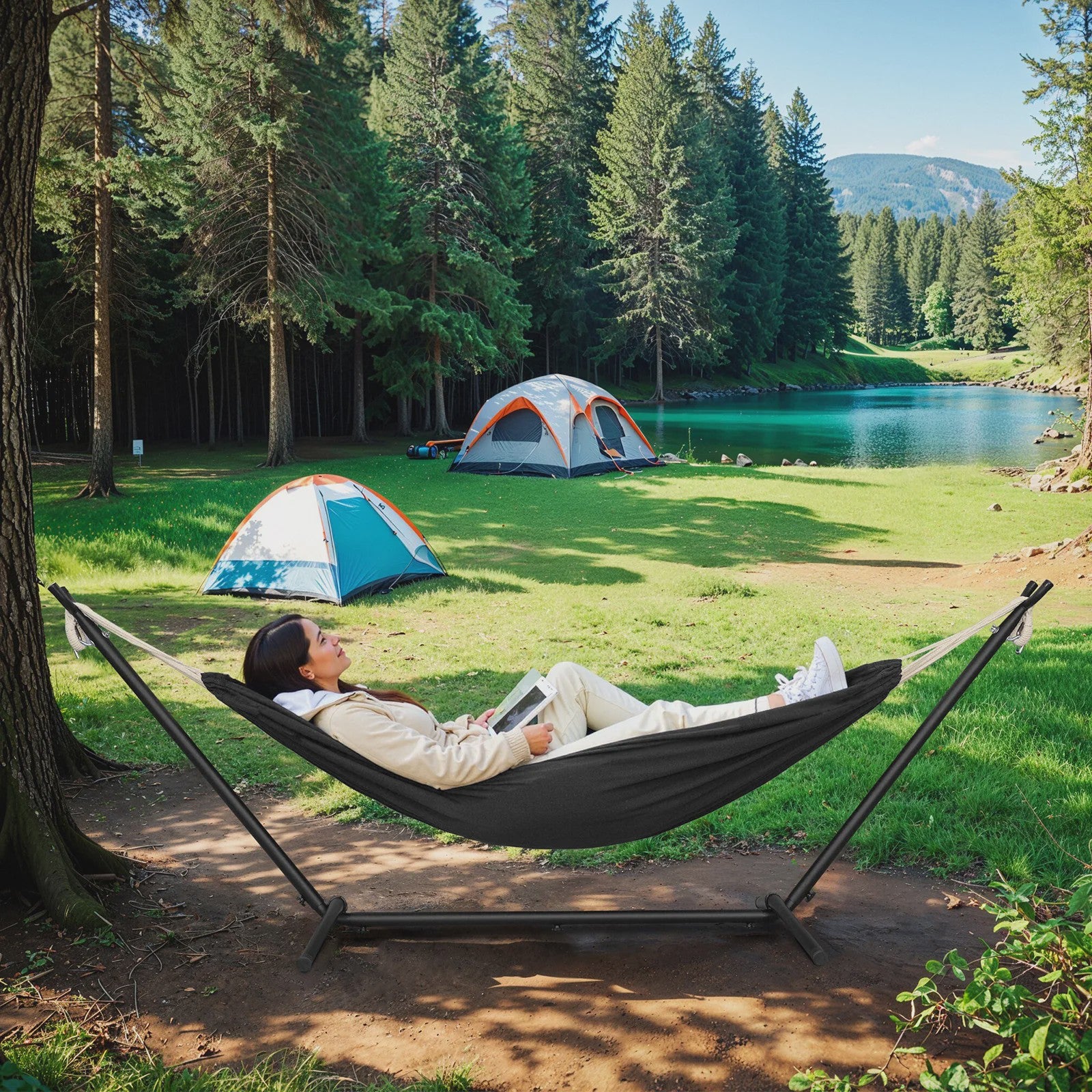 Draagbare Dubbele Hangmat met Onderstel - 250kg Capaciteit voor 2 Personen - Outdoor & Camping