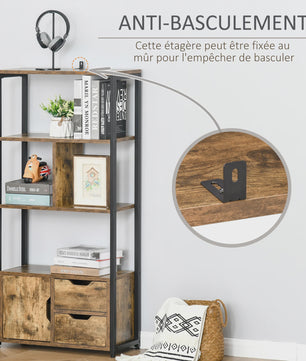 Industriële Boekenkast met 4 Niveaus, 2 Laden en Deur - 58x24x122 cm - Marrón Rústico