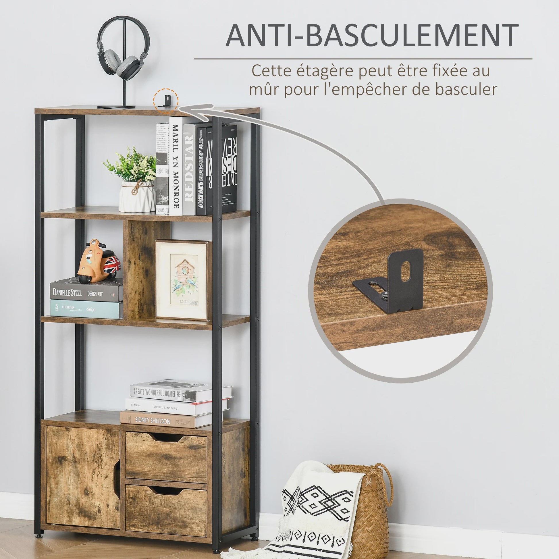 Industriële Boekenkast met 4 Niveaus, 2 Laden en Deur - 58x24x122 cm - Marrón Rústico