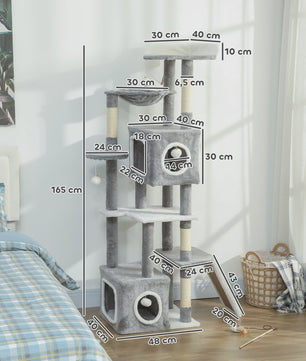 PawHut Kattenkrabpaal 165 cm Grijs - Klimtoren met Krabpalen, Hangmat, Platforms en Speeltjes
