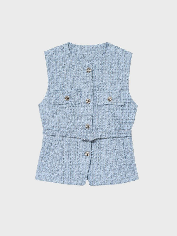 Chic Dames Gilet van Tweed met Riem - Mouwloos & Stijlvol Bovenstuk