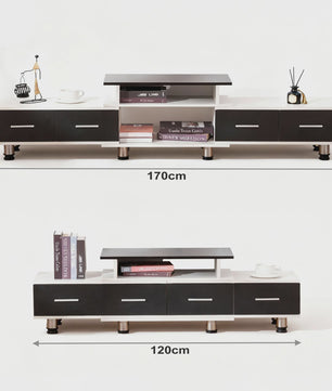 Uitschuifbaar TV Meubel 120-170 cm met 4 Lades, 3 Open Vakken en Metalen Frame