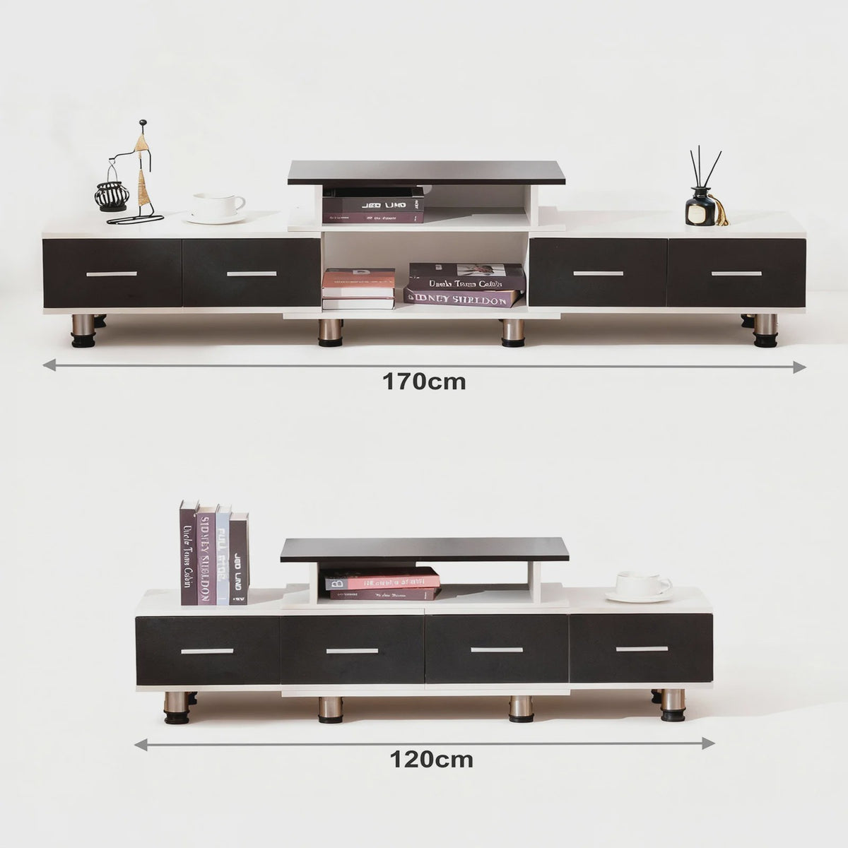 Uitschuifbaar TV Meubel 120-170 cm met 4 Lades, 3 Open Vakken en Metalen Frame