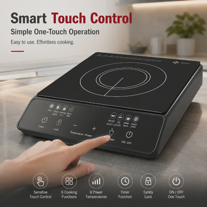 WETECH W6406 Inductiekookplaat - 2000W, 8 Niveaus, 6 Functies, Touch Control, Timer & Kinderbeveiliging