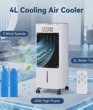 Draagbare Water Air Cooler met 4L Tank, 65W, 3 Snelheden & Afstandsbediening