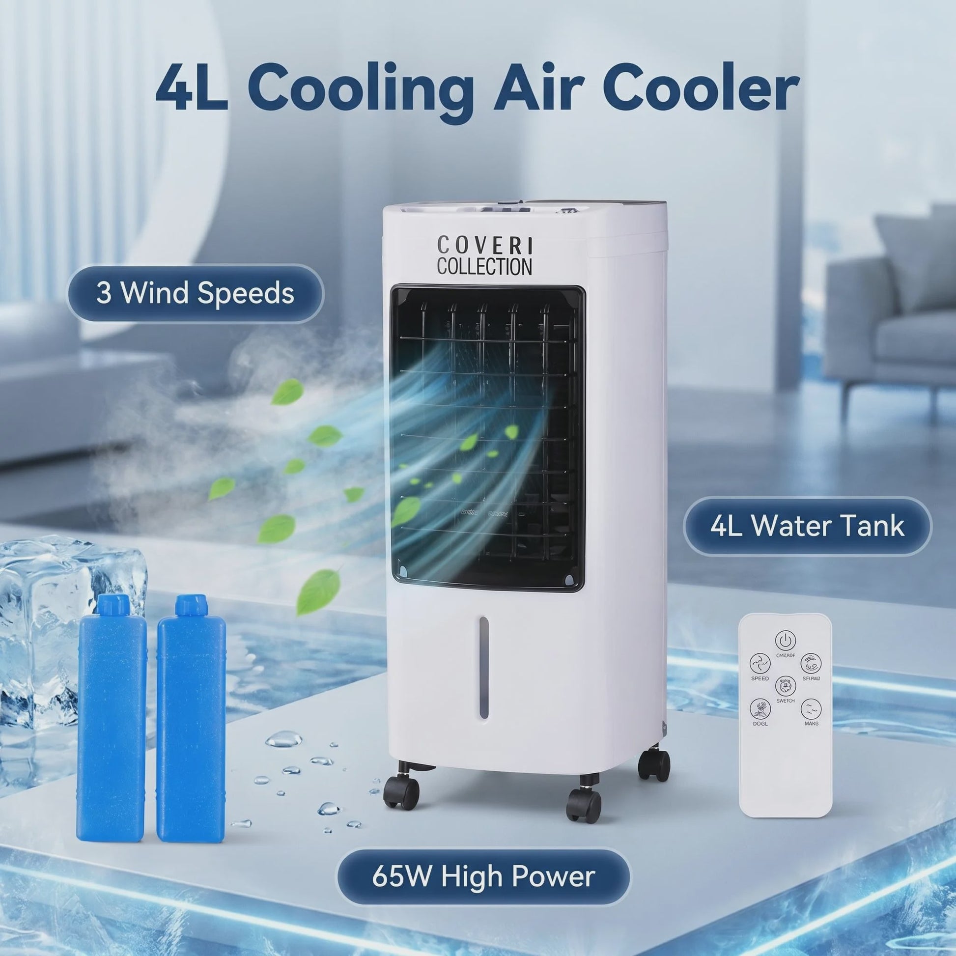 Draagbare Water Air Cooler met 4L Tank, 65W, 3 Snelheden & Afstandsbediening