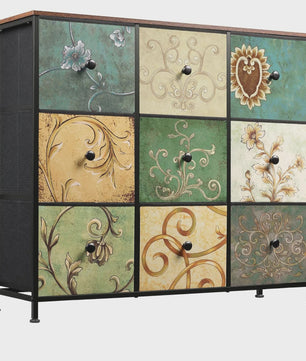 Retro Ladekast met 9 Stoffen Lades - 100x30x86.5cm - Houten Bovenblad & Metaal Frame