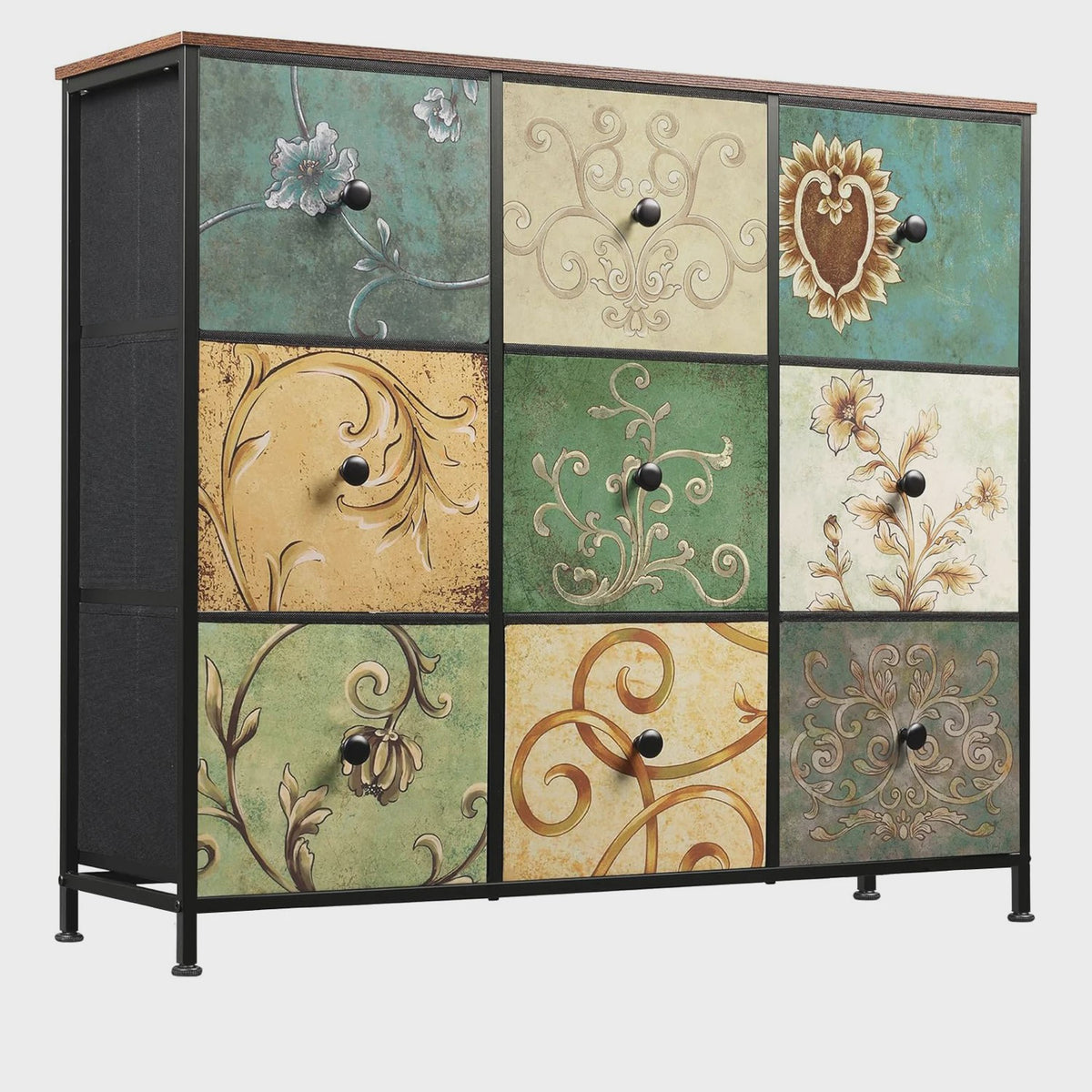 Retro Ladekast met 9 Stoffen Lades - 100x30x86.5cm - Houten Bovenblad & Metaal Frame
