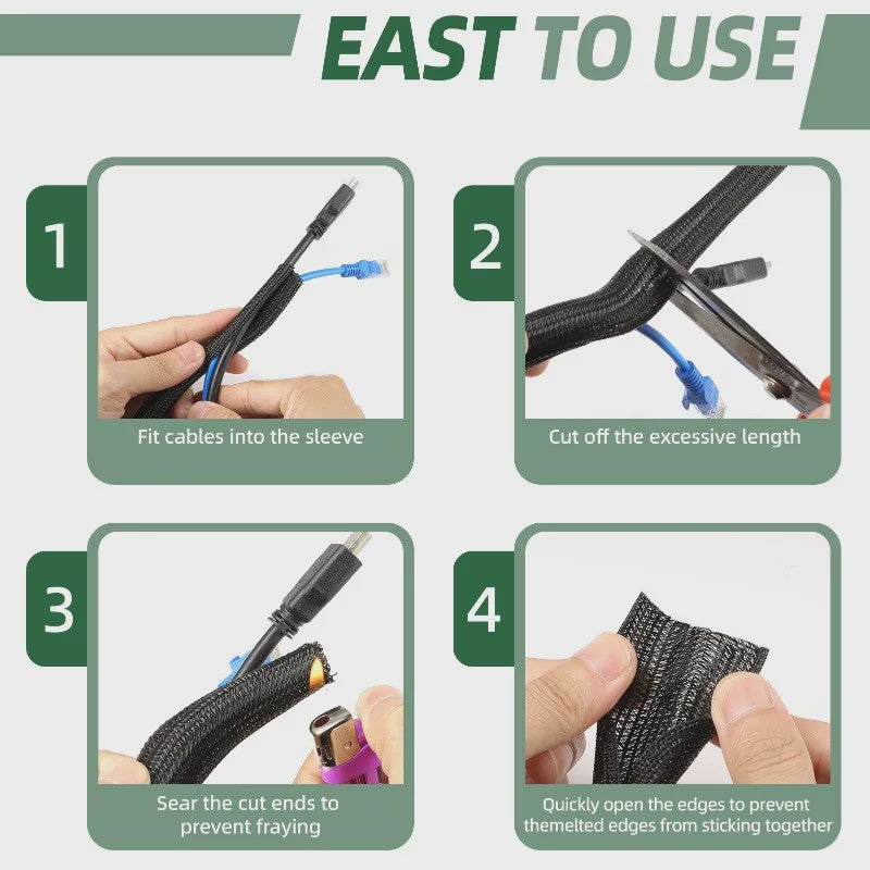 Zwarte PET Kabel Sleeve - Uitbreidbaar, Zelfsluitend & Splitbaar voor Kabelbeheer (3-50mm)