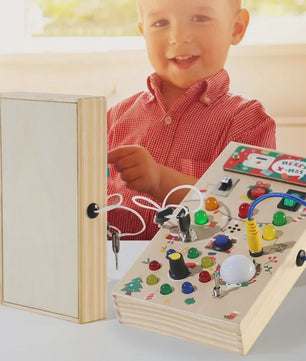 Houten Montessori Busy Board met LED Lichtjes en Schakelaars - Educatief Kinderspeelgoed voor Ontwikkeling en Reisplezier