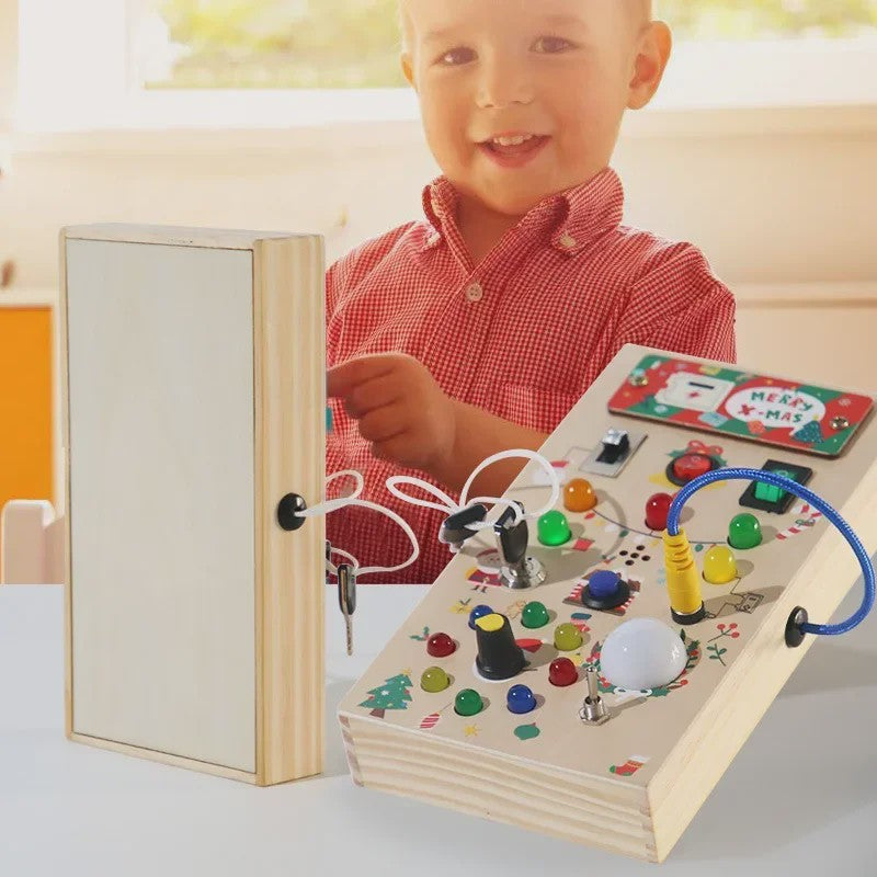 Houten Montessori Busy Board met LED Lichtjes en Schakelaars - Educatief Kinderspeelgoed voor Ontwikkeling en Reisplezier