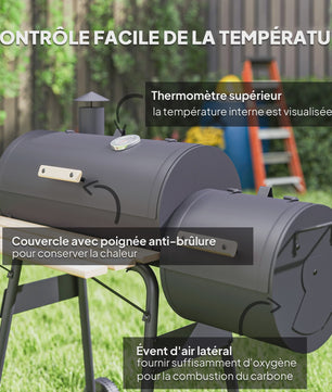 Outsunny Charcoal Smoker BBQ Grill met Thermometer, Wielen en Zijplanken - Zwart