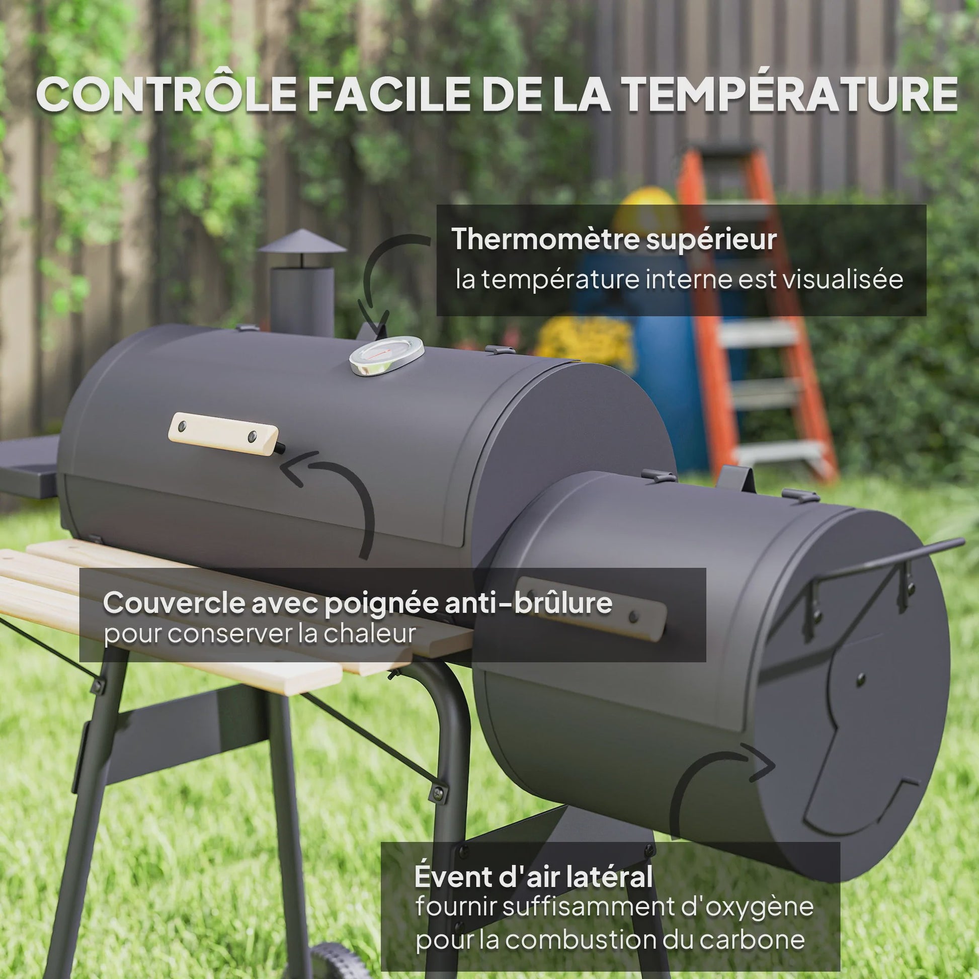 Outsunny Charcoal Smoker BBQ Grill met Thermometer, Wielen en Zijplanken - Zwart