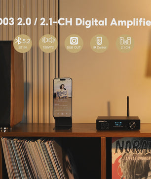 AIYIMA D03 Bluetooth 5.2 Versterker 2x150W RMS met Subwoofer Uitgang, USB DAC & OLED Display