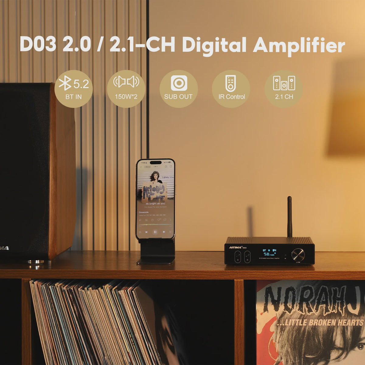 AIYIMA D03 Bluetooth 5.2 Versterker 2x150W RMS met Subwoofer Uitgang, USB DAC & OLED Display