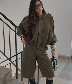 Dames Vintage Suède Bomberjack - Bruin/Groen - Loose Fit Casual Jas