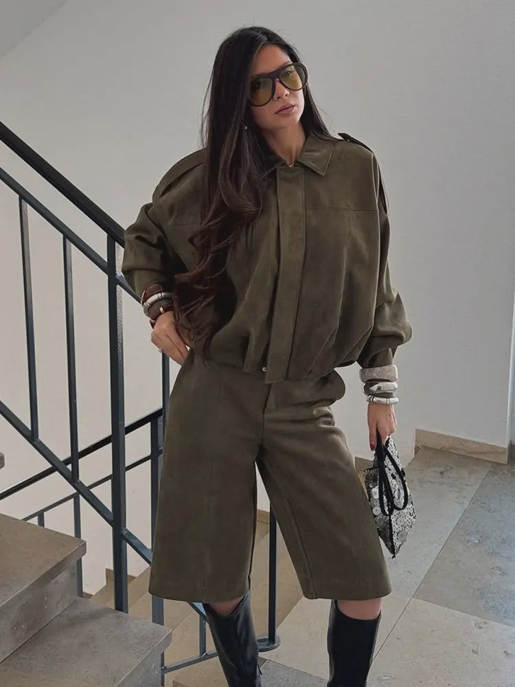 Dames Vintage Suède Bomberjack - Bruin/Groen - Loose Fit Casual Jas