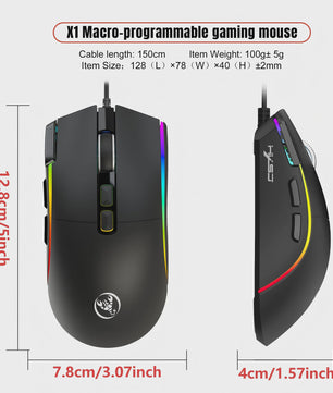 HXSJ X1 Bedrade Gaming Muis: Ergonomisch, RGB Verlichting, 8 Macro Knoppen & 7200 DPI