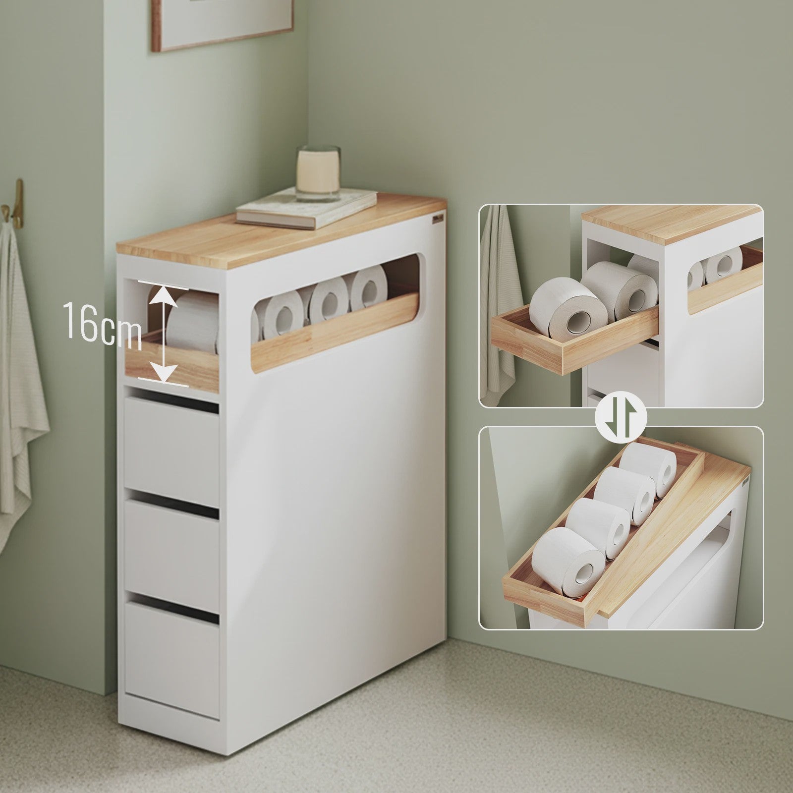 Smalle Badkamerkast met 3 Lades en Afneembare Tray - Houten Bovenblad