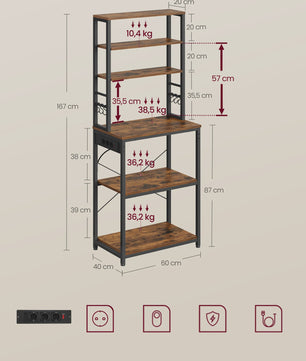 Keukenrek met 6 etages, ingebouwde stopcontacten en USB-poorten - 60x40x169 cm