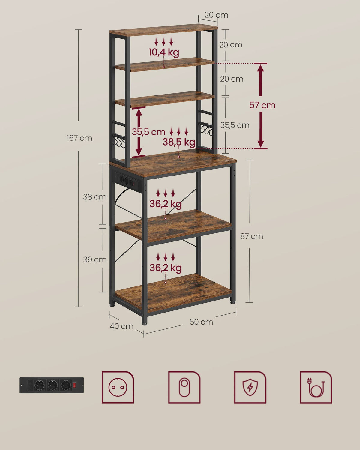 Keukenrek met 6 etages, ingebouwde stopcontacten en USB-poorten - 60x40x169 cm