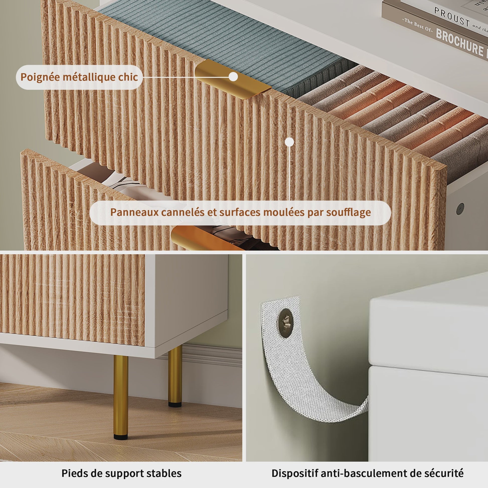 Ladekast met 5 Laden - Witte Commode met Naturel Houtstructuur, Gouden Handgrepen & Soft-Close