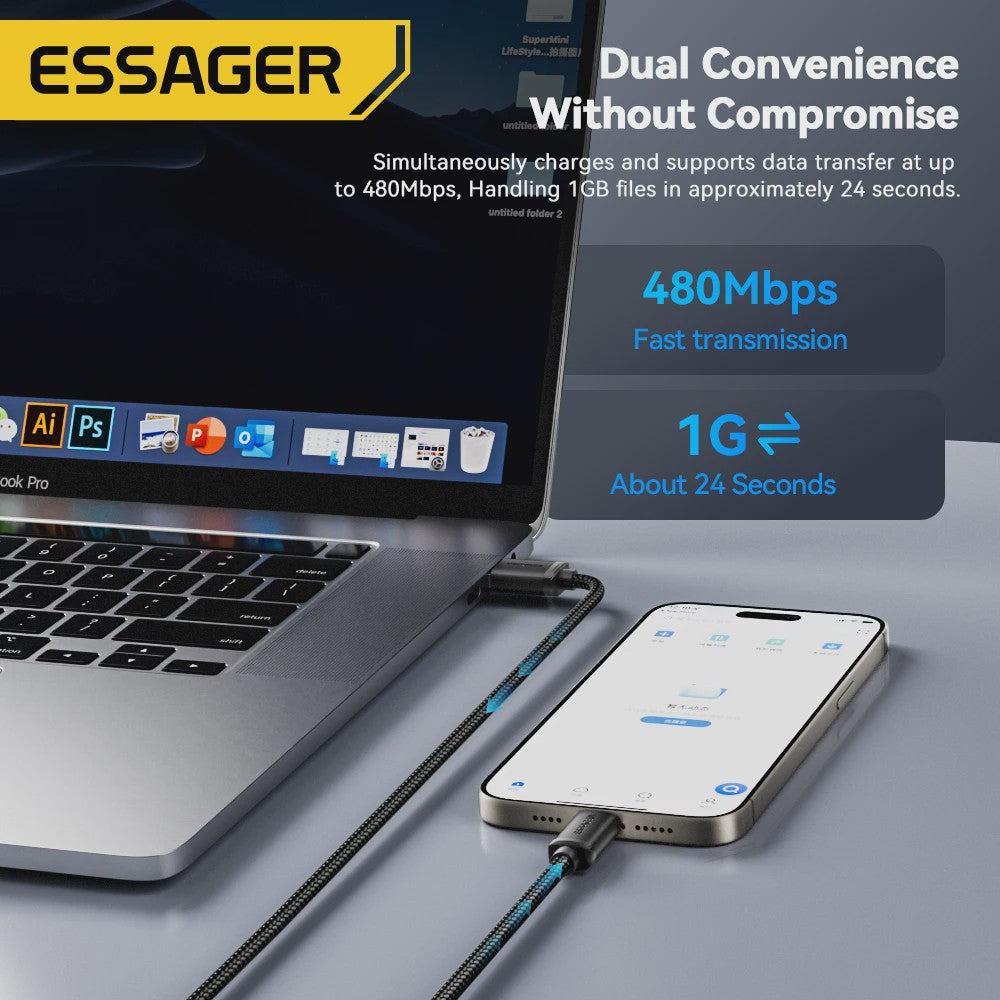 Essager 3A USB-C Laad- en Datakabel - Snel Opladen & Dataoverdracht