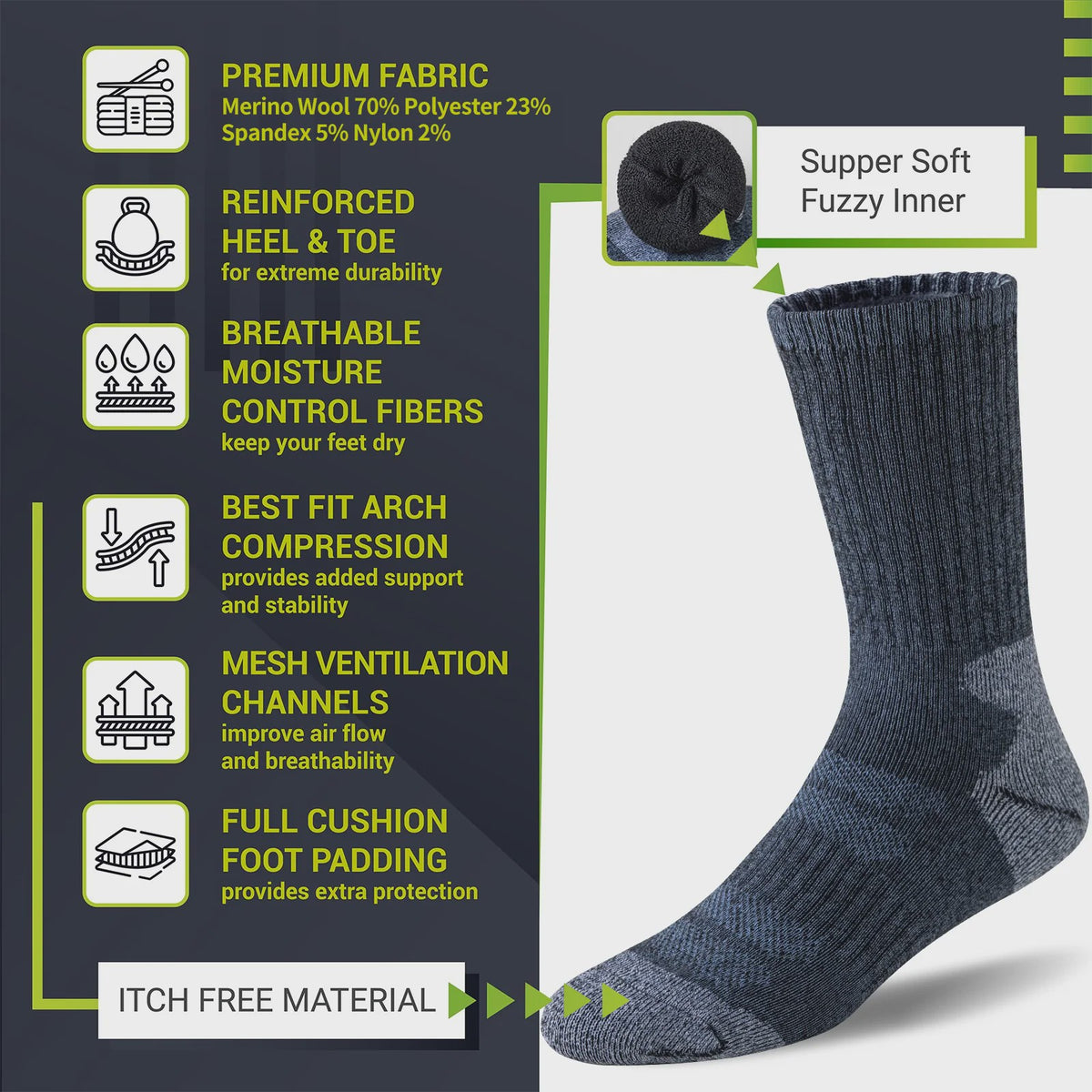 5 Paar Merino Wol Wandelsokken - Warm, Ademend & Compressie voor Heren & Dames