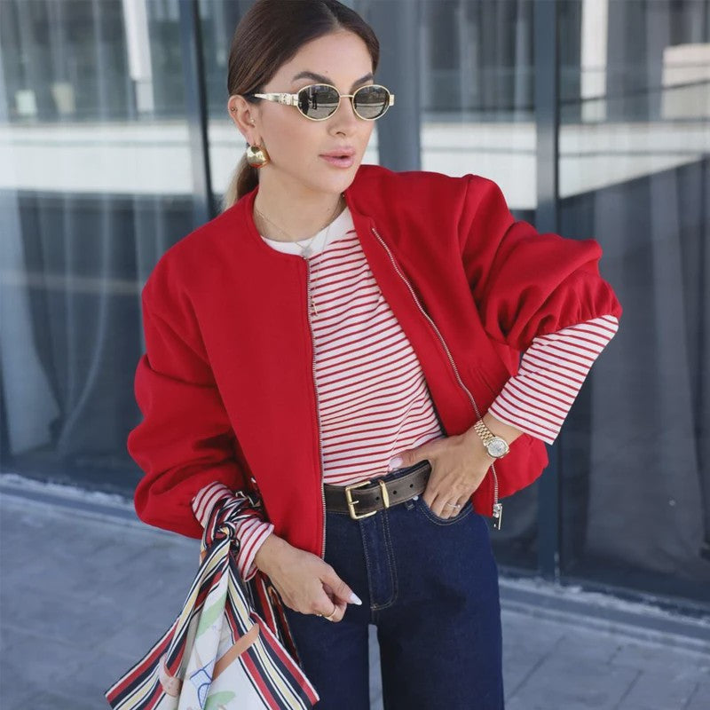 Dames Cropped Bomberjack met Rits - Zachte Stijlvolle Jas met Lange Mouwen