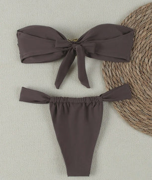 Dames Push-Up Bandeau Bikini Set met Braziliaanse Thong en Goudkleurige Ring Detail