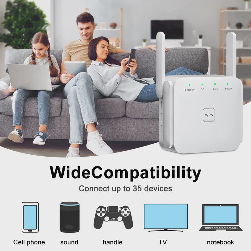 AC1200 WiFi Repeater Extender - 5GHz & 2.4GHz Dual-Band Booster voor Langere Afstand