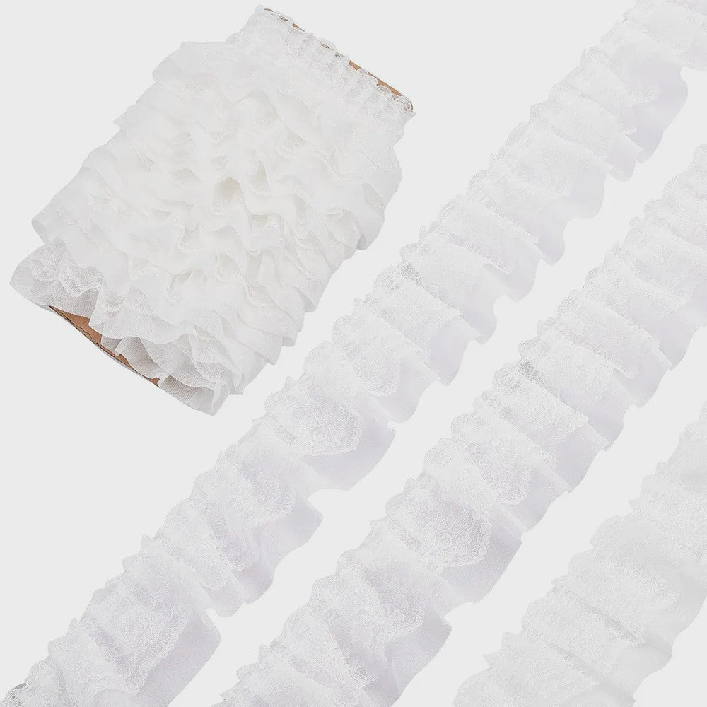 Ruffle Kantband met Borduurwerk - 5cm Breed - Zwart, Wit, Roze - DIY Decoratie
