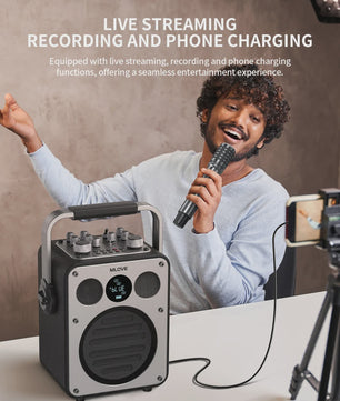 MLOVE D5 Professionele Karaoke Machine met 2 Draadloze Microfoons & Bluetooth