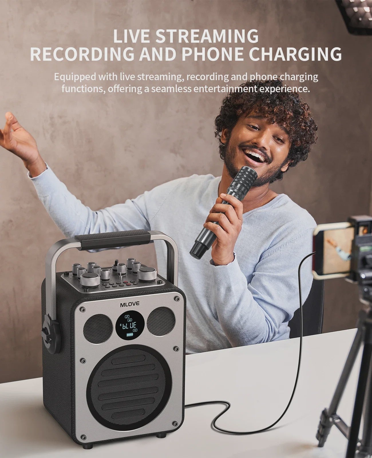 MLOVE D5 Professionele Karaoke Machine met 2 Draadloze Microfoons & Bluetooth