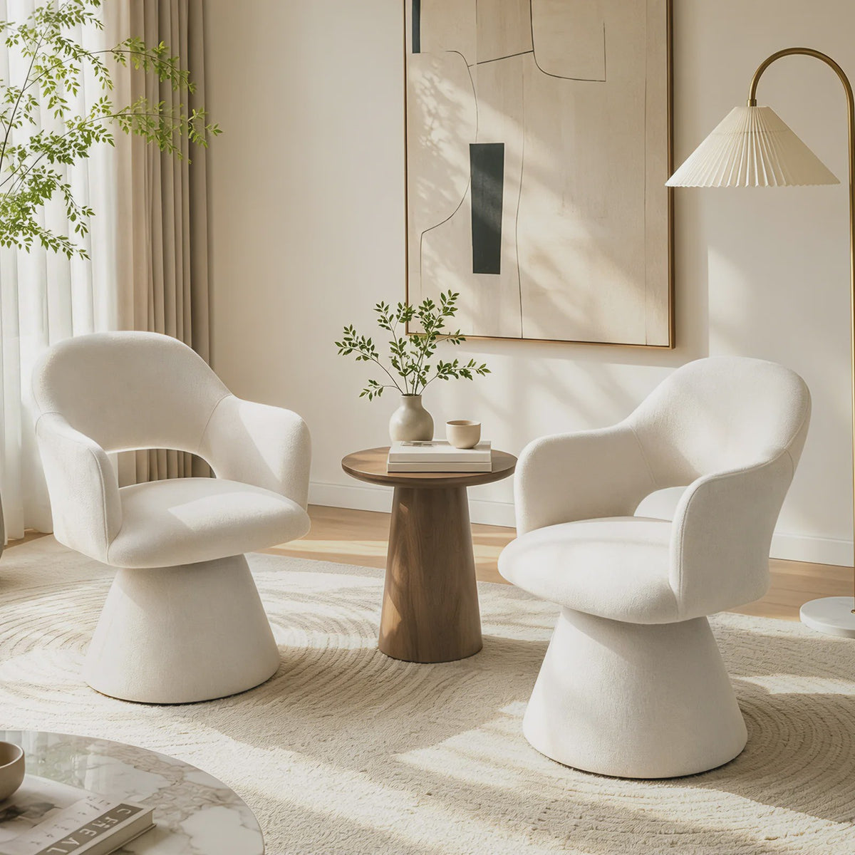 Draaibare eetkamerstoel met hoge rugleuning en linnen bekleding - Beige