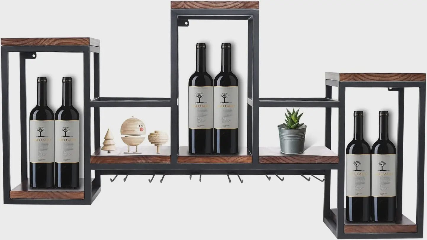 Industriële Houten Wijnrek Wandmontage met Glashouder - Bar & Café Stijl