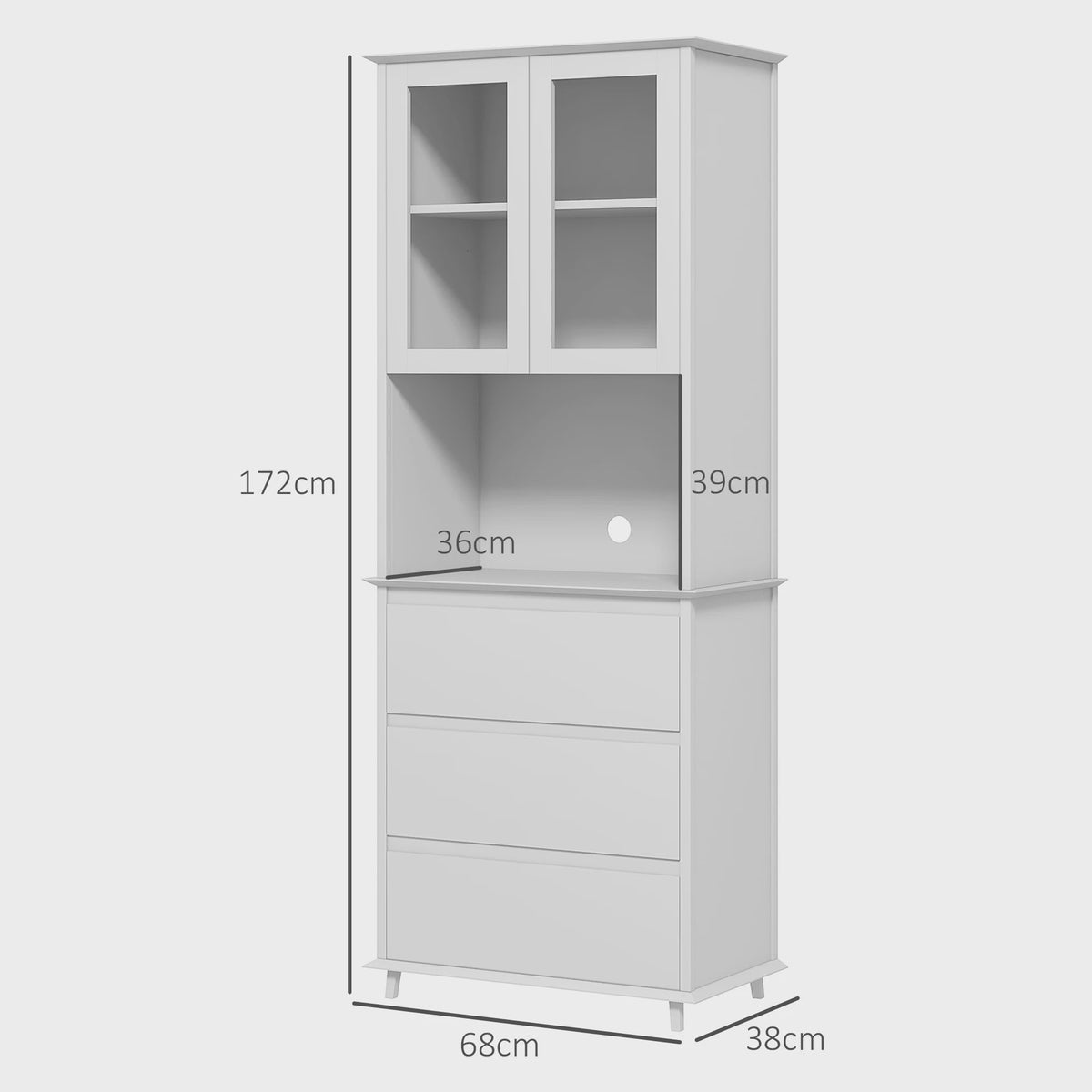 Keuken Buffetkast met Glazen Deuren, 3 Lades en Open Niche - Wit