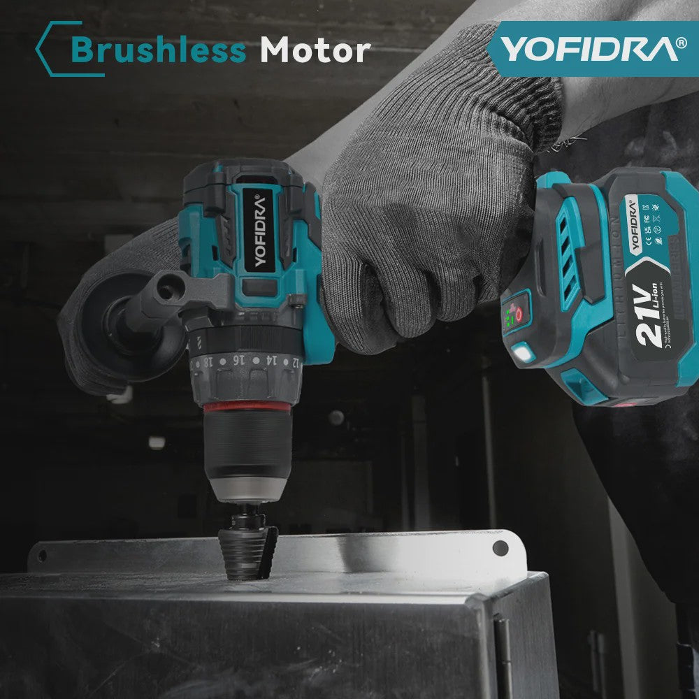 YOFIDRA Accuboormachine 18V-21V Brushless Motor, 13mm Boorhouder, 20+3 Koppelinstellingen, Boor/Schroef/Slagfunctie