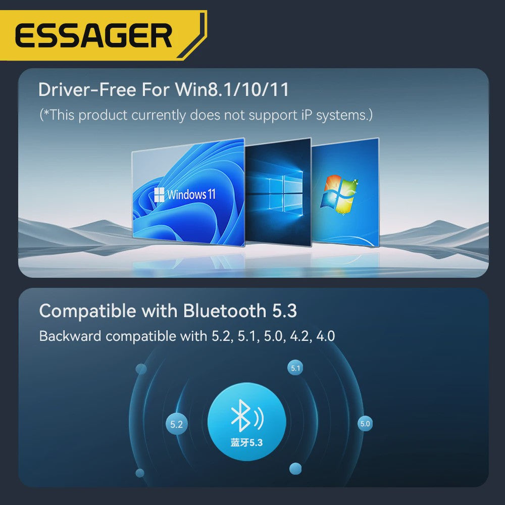 Essager Bluetooth 5.3 USB Adapter: Draadloze Audio & Randapparatuur voor PC/Laptop