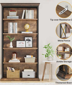 Industriële 6-Tier Boekenkast - 180 cm Hoge Open Opbergkast met 5 Planken