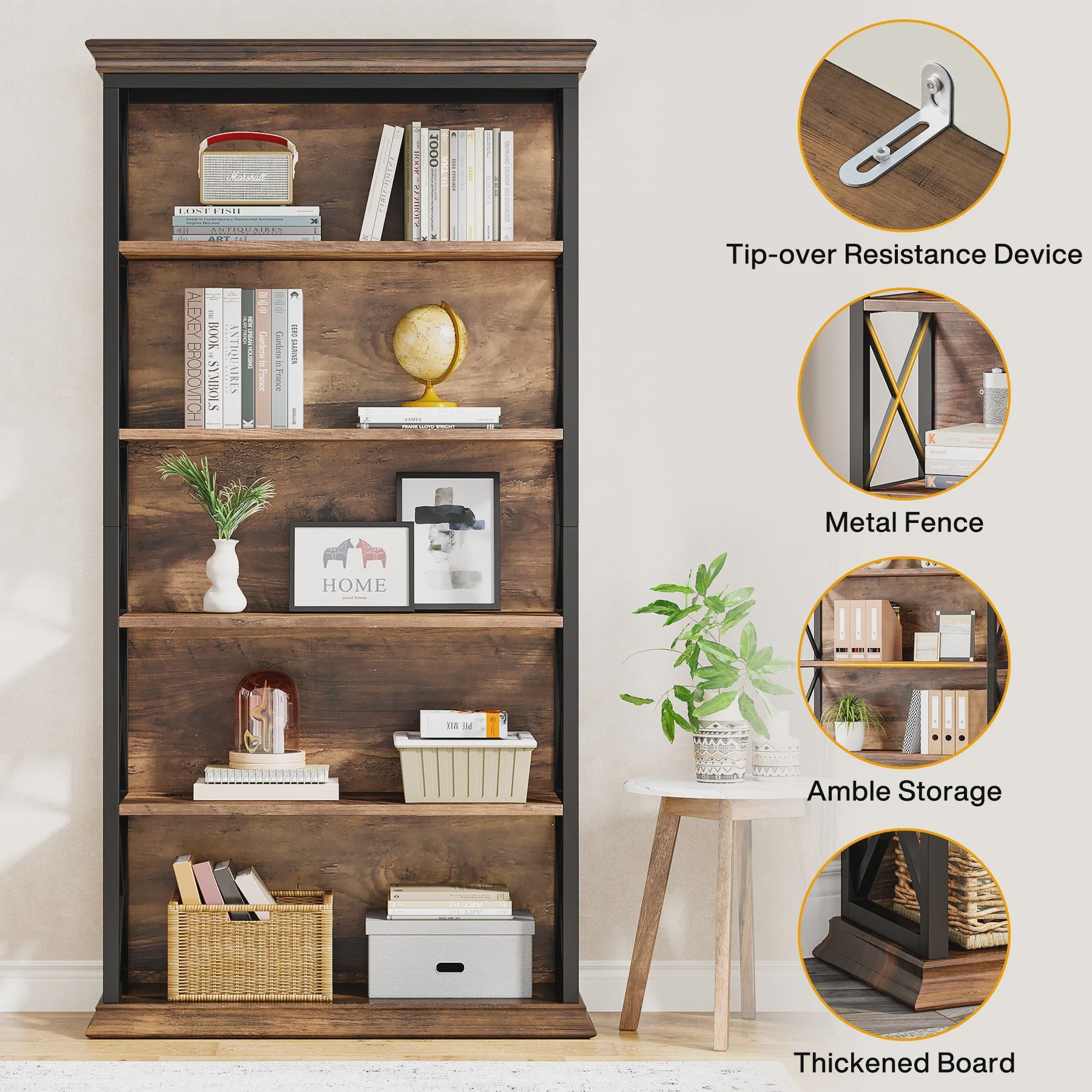 Industriële 6-Tier Boekenkast - 180 cm Hoge Open Opbergkast met 5 Planken
