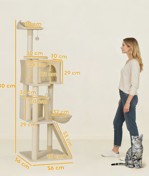 Pawhut Krabpaal 180 cm met Meerdere Verdiepingen, Hangmat en Speeltjes