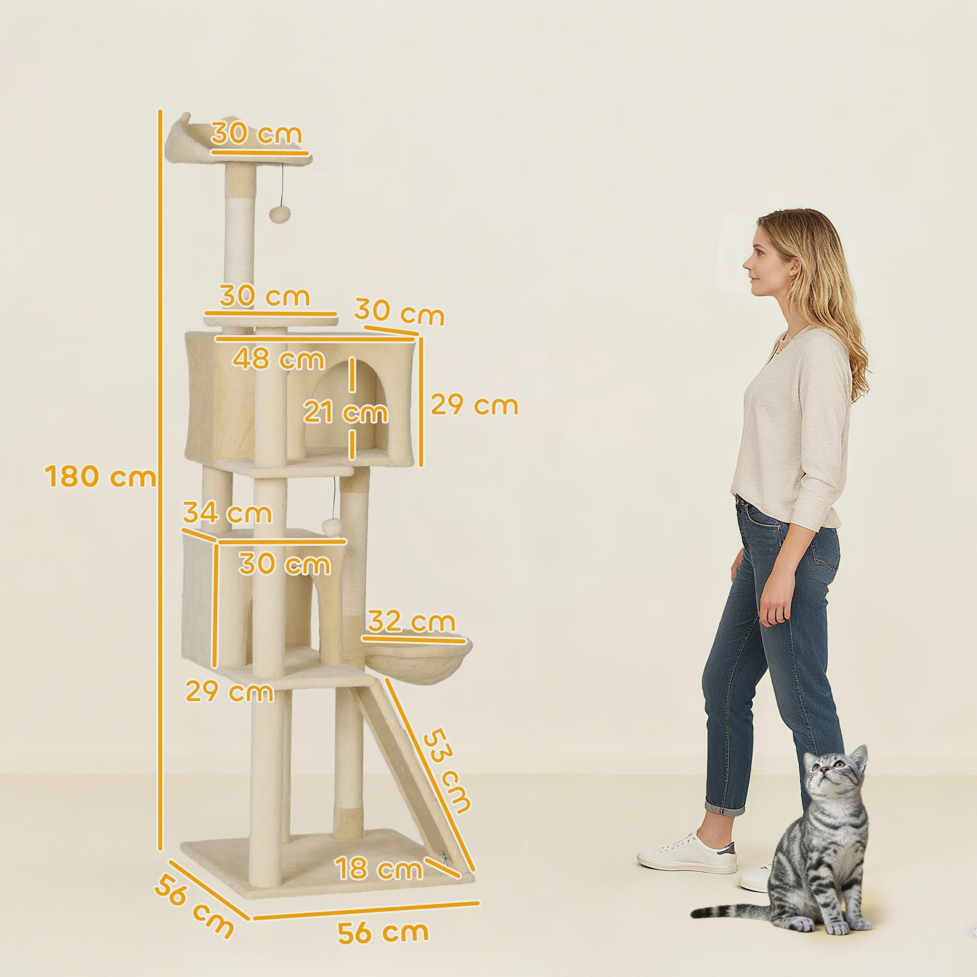 Pawhut Krabpaal 180 cm met Meerdere Verdiepingen, Hangmat en Speeltjes